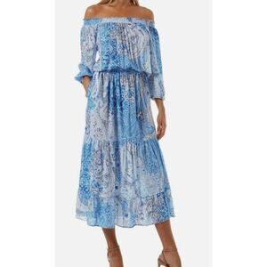 Melissa Odabash Blue Paisley Dress Off Shoulder Condor Tiered EUC Resort Flowy